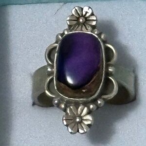925 Sterling Silver Purple Dahlia ring. Purple Copper Turquoise.